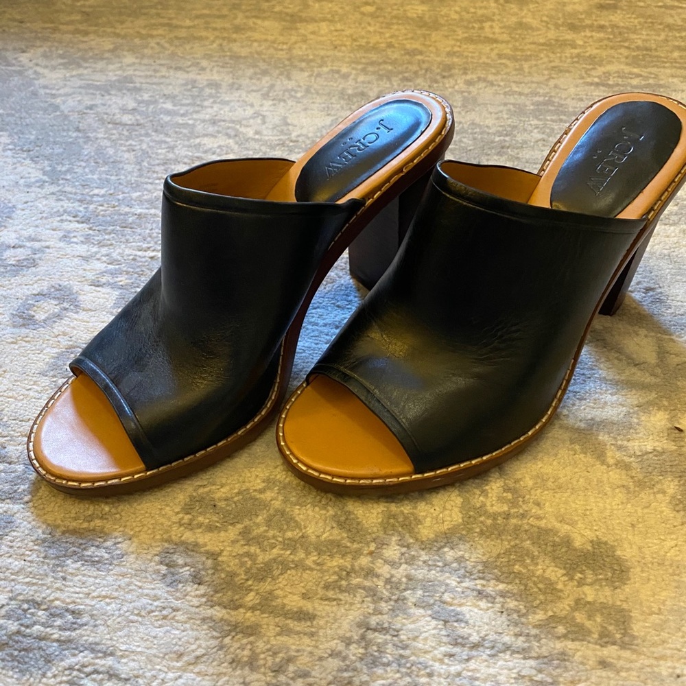 JCrew black block heel mules